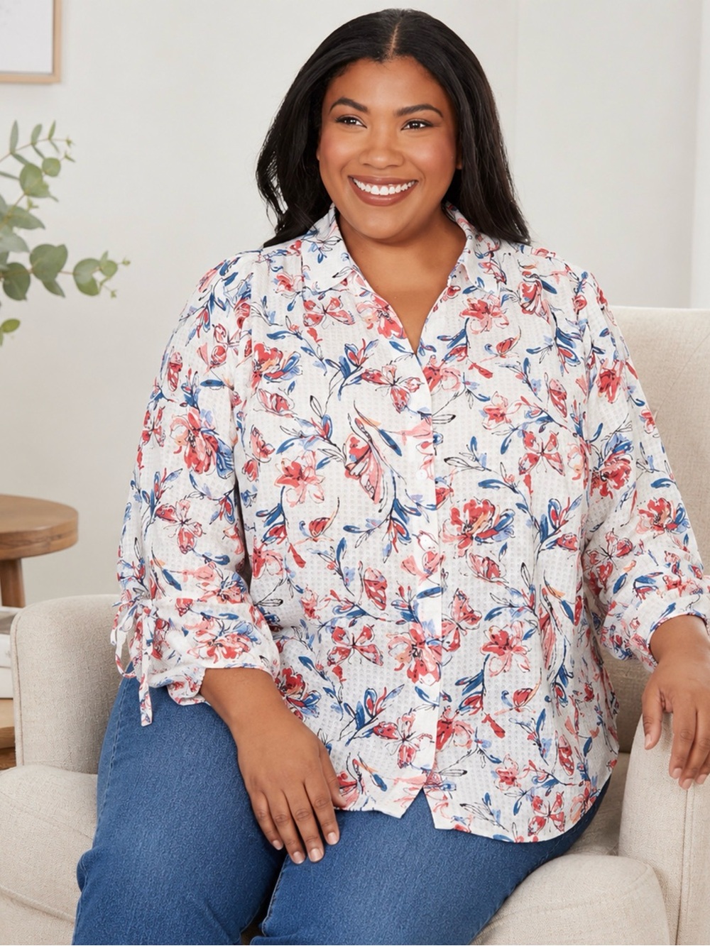 Alfred Dunner White Button-Down Shirt with Peach & Blue Floral Print